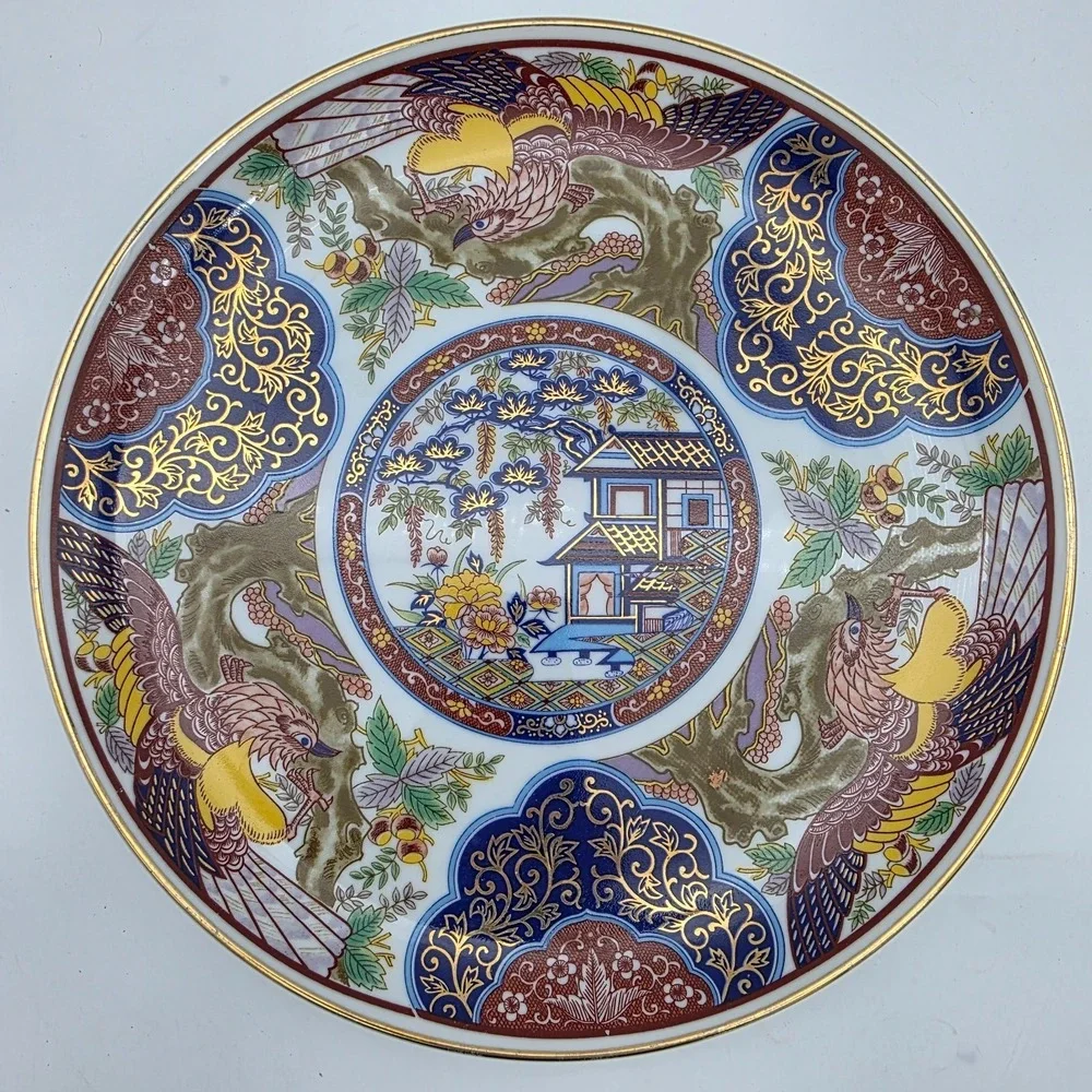 Vintage Japanese Imari‎ Porcelain Flowers And Pagoda Dish 10.25